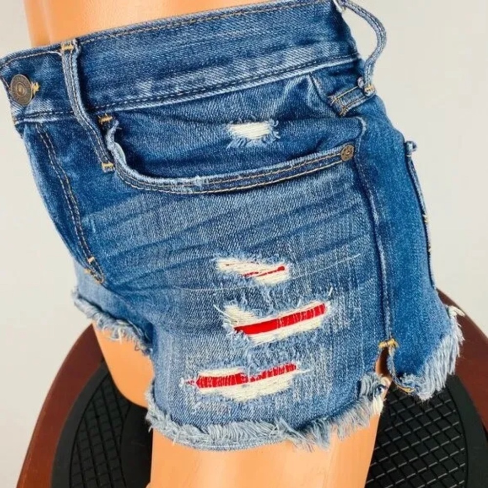 Abercrombie & Fitch Distressed Red Patch Denim Mini Shorts